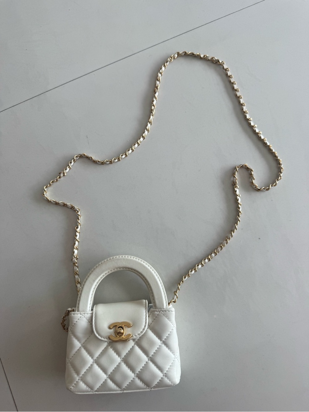 CHANEL White Quilted Mini Top-Handle Crossbody with Gold Chain